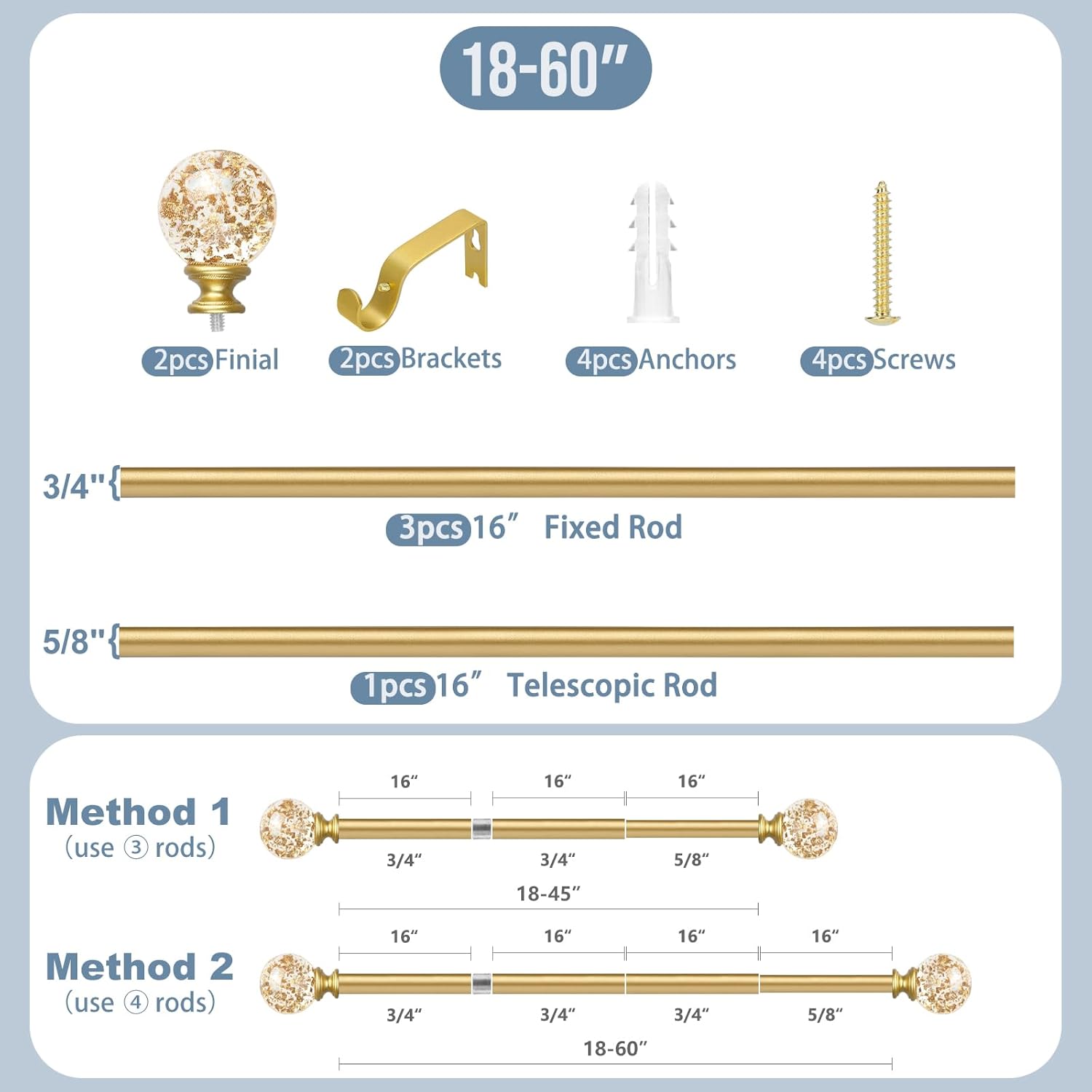 TVWOO Gold Crystal Curtain Rods 18-60 Inch