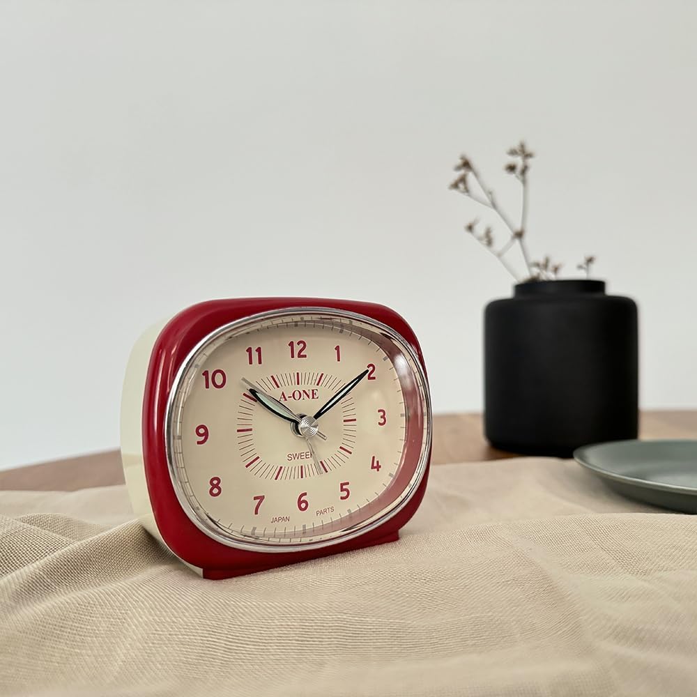 Square-Round Silent Alarm Clock - No Ticking Battery Operated Unique Design Red