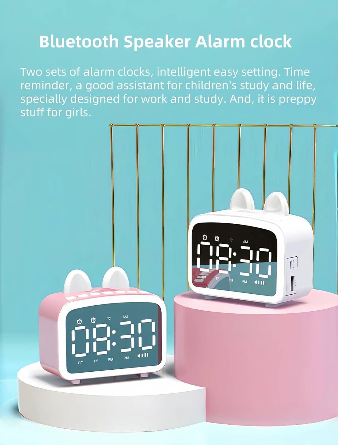 Bluetooth Alarm Clock with FM Radio and Night Light Pink