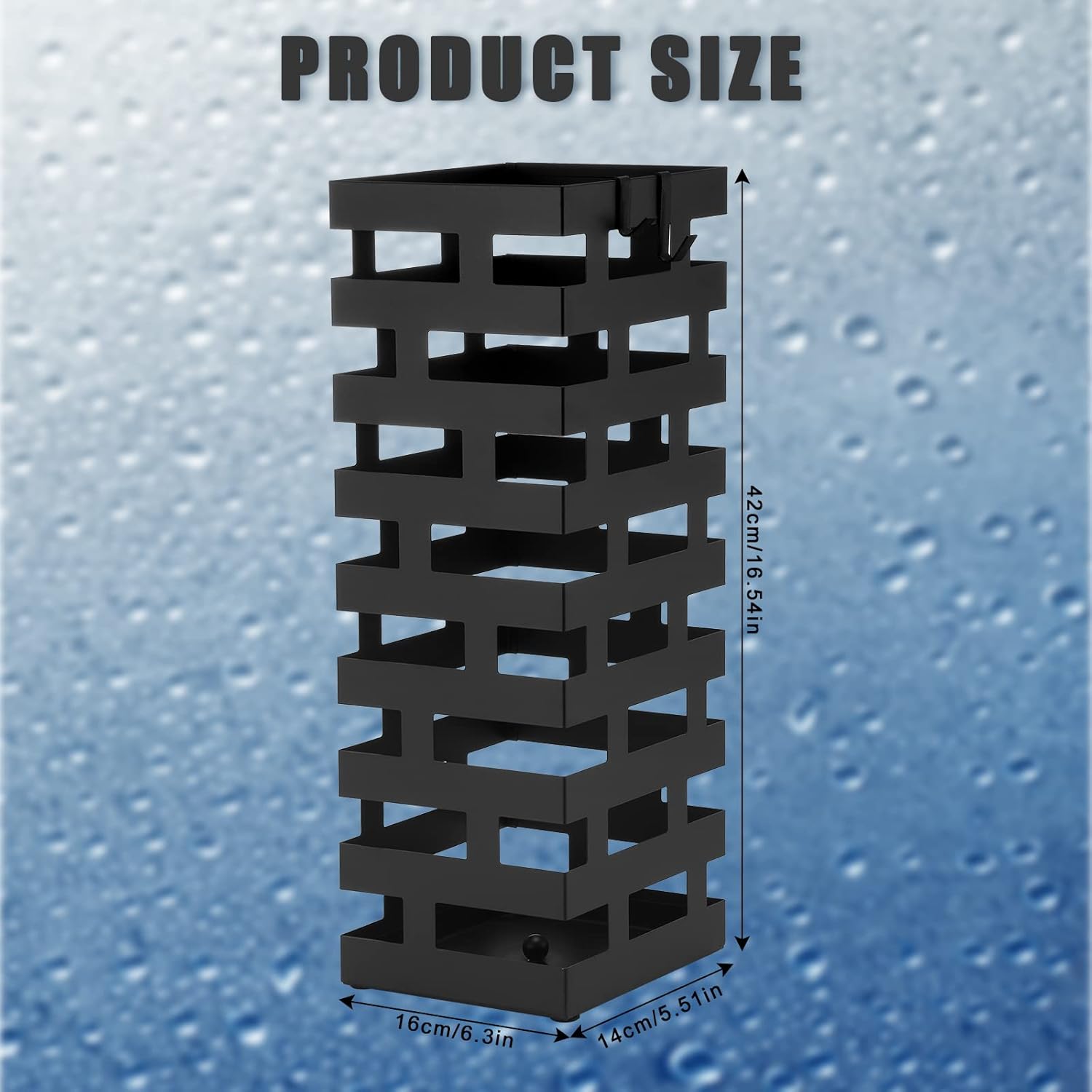 Tudomro Large Black Metal Umbrella Stand with Hooks and Water Tray