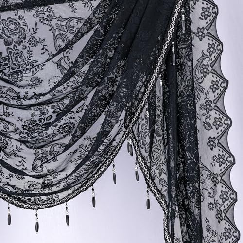 Boho Black Lace Beaded Waterfall Valance Curtains 39x41
