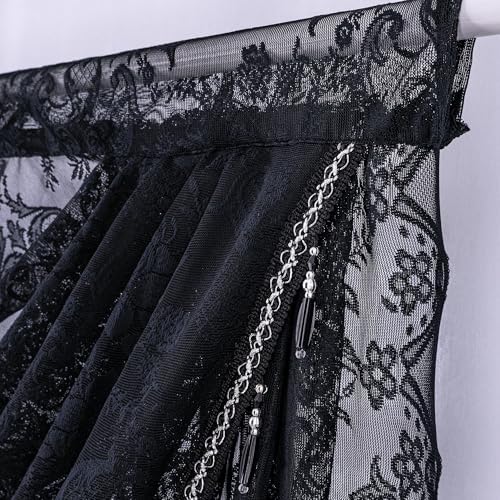 Boho Black Lace Beaded Waterfall Valance Curtains 39x41