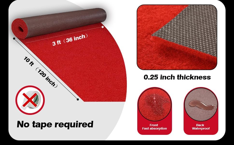 3x10 ft Heavy Duty Red Carpet Runner with Non Slip Rubber Backing