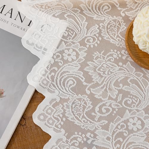 White Lace Semi-Sheer Kitchen Valance Curtains - 1 Panel 52W x 18L Inch