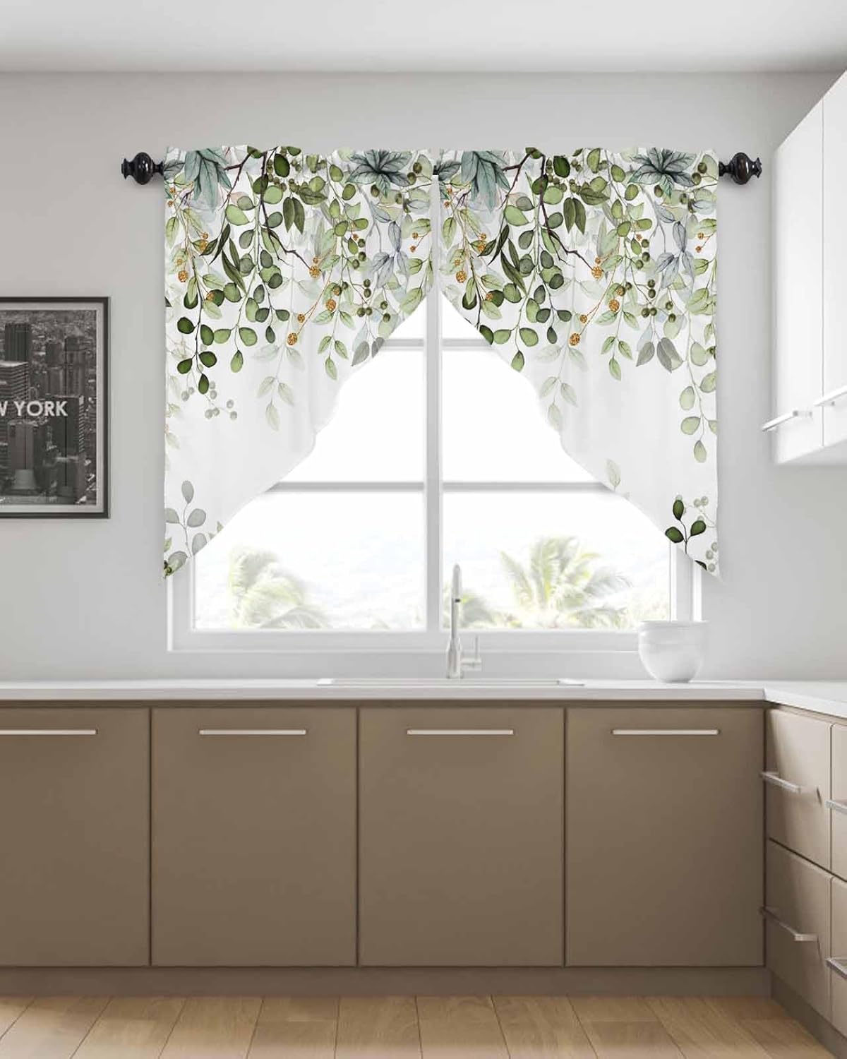 Swag Curtain Valances Eucalyptus Leaves Sage Green Kitchen Window Treatment