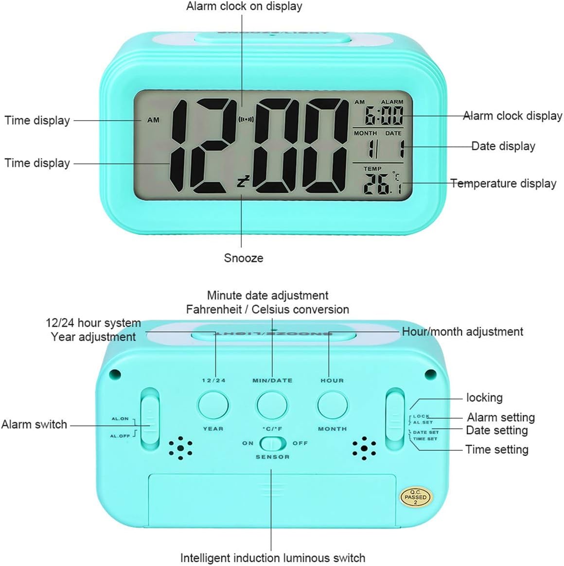 TXY LED Digital Alarm Clock with Night Light and Calendar
