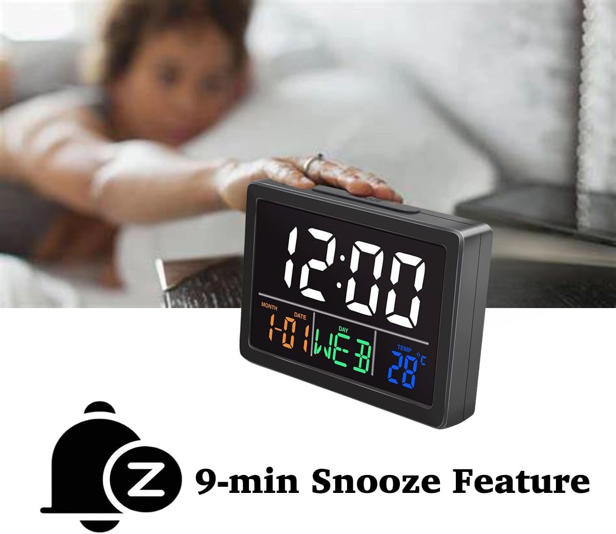 WQV Digital Alarm Clock with Calendar and Temperature Display