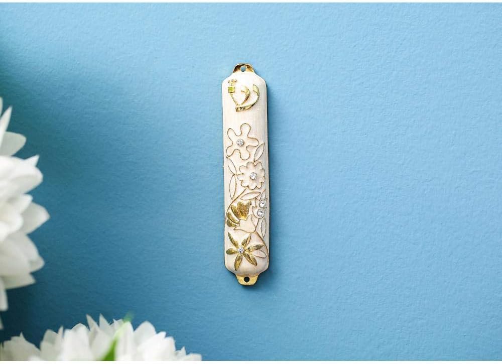 Matashi Hand Painted Mezuzah with Gold Crystals and Floral Design