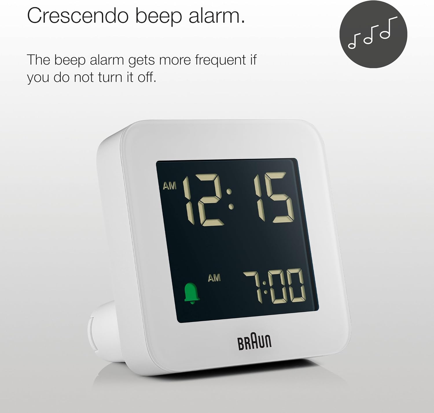 Braun Digital Alarm Clock with Snooze and Crescendo Beep in White