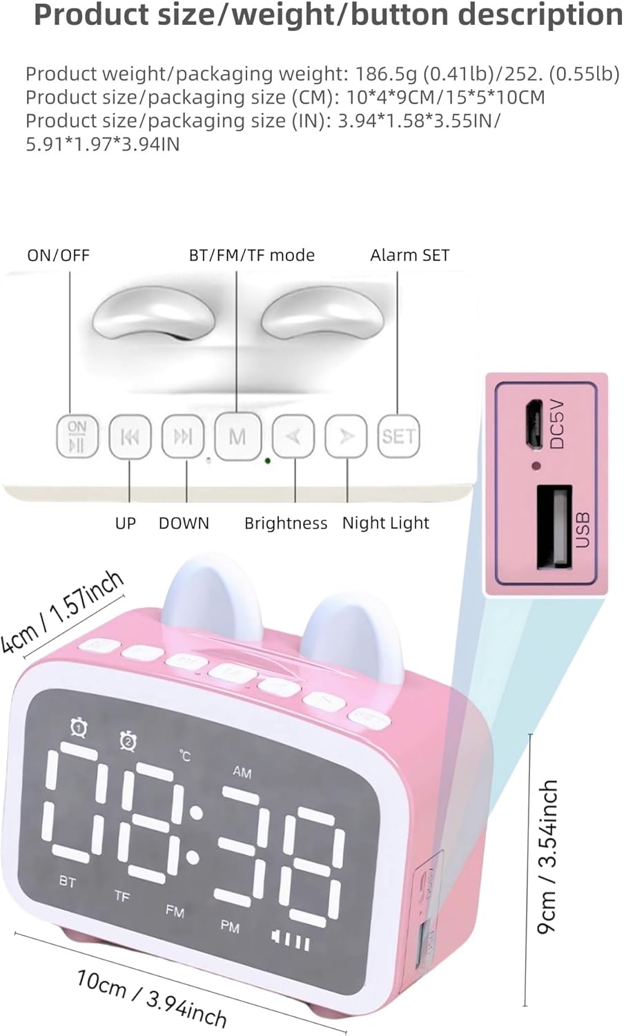Bluetooth Alarm Clock with FM Radio and Night Light Pink