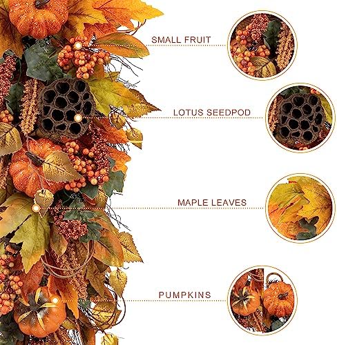 Glitzhome 2Pcs Fall Pumpkin Leaf Swag with Grapevine Base