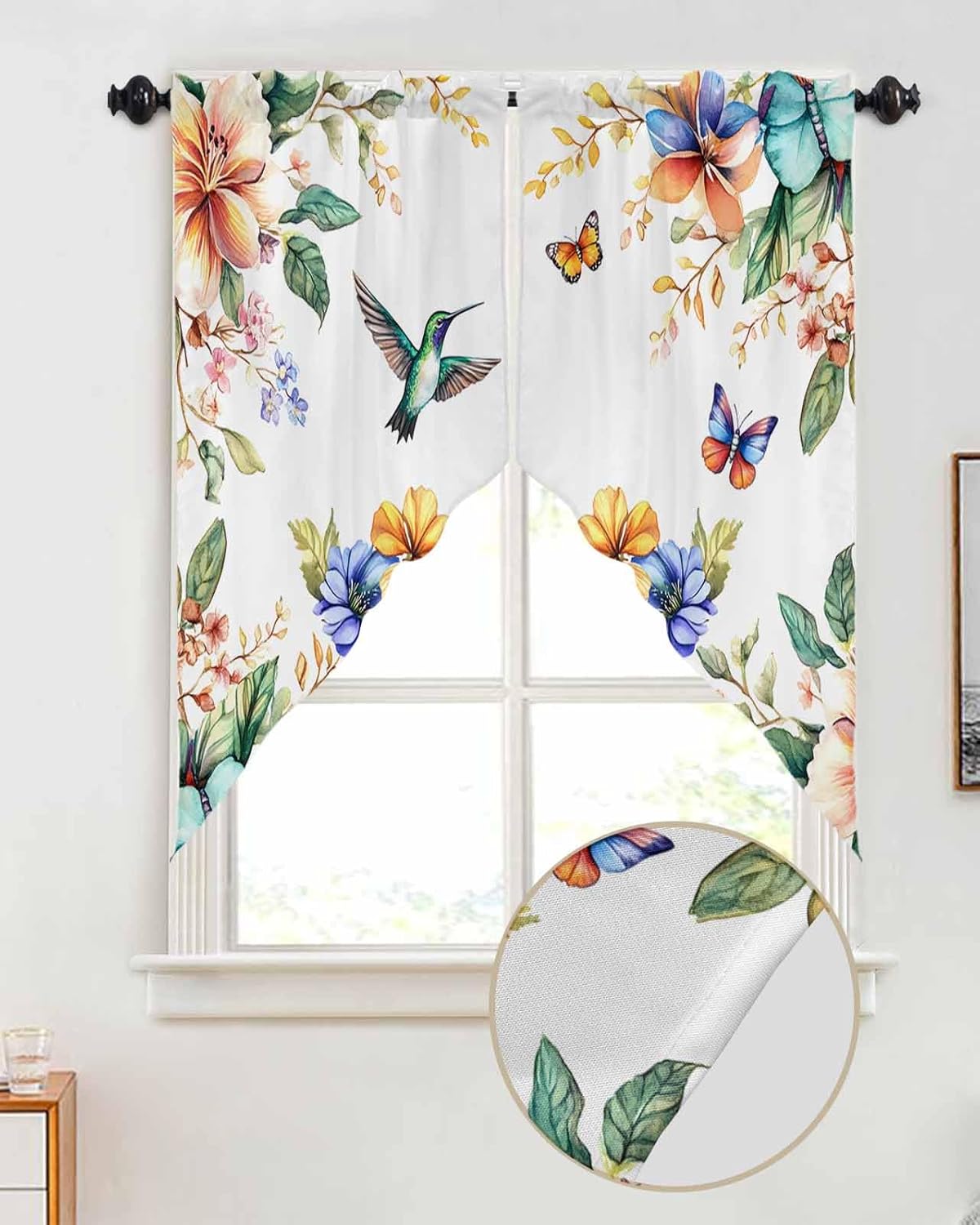 Blue Hummingbird Flower Valance Curtains 2 Panel 28Wx36L