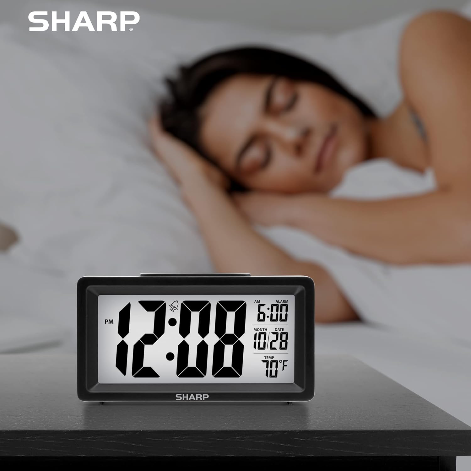 Sharp Digital Alarm Clock with Nightlight and Temperature Display