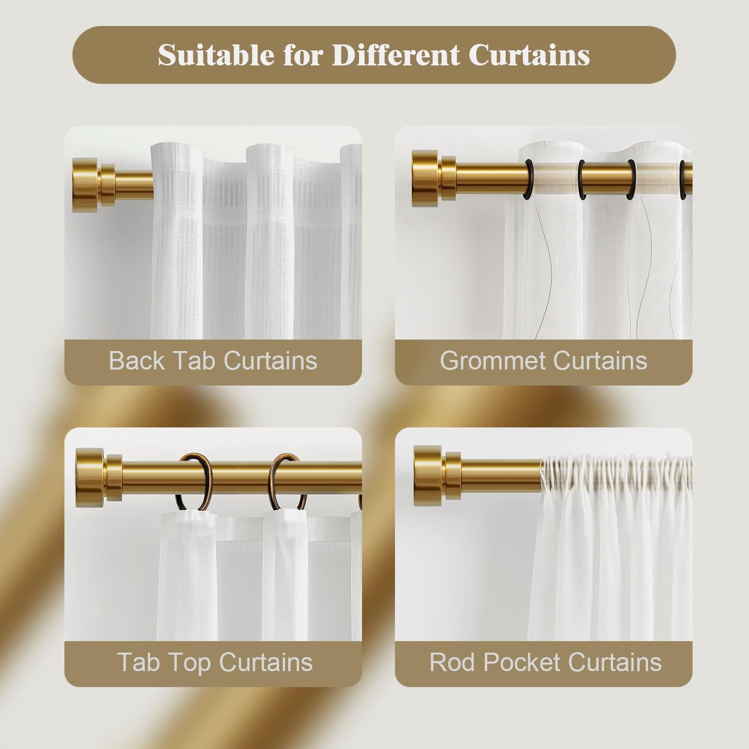 Oneach Heavy Duty Brass Curtain Rods 48-84 Inch Adjustable