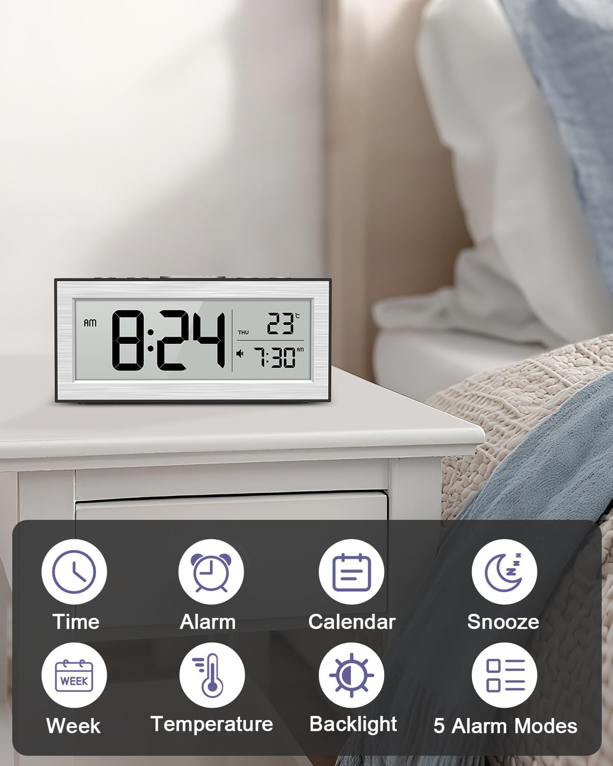 OQIMAX Battery Powered Alarm Clock with LCD Display