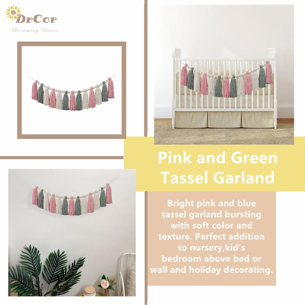 DrCor Boho Pink Sage Green Tassel Garland