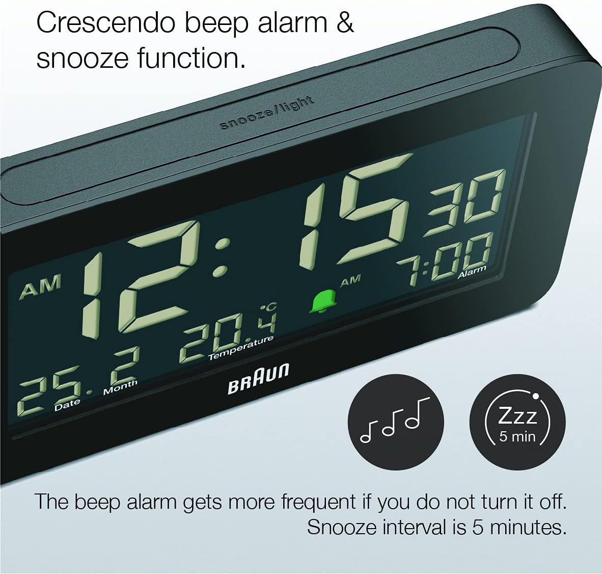 Braun Digital Alarm Clock with Date Month and Temperature Display