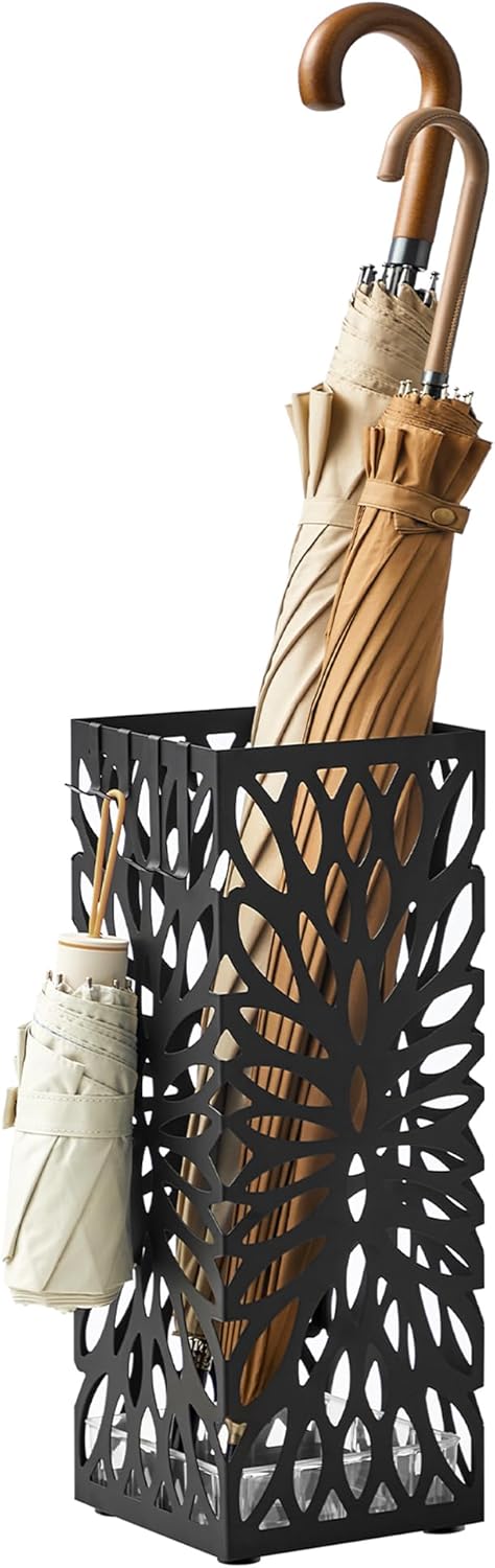 SONGMICS Steel Square Umbrella Stand with Drip Tray and 4 Hooks