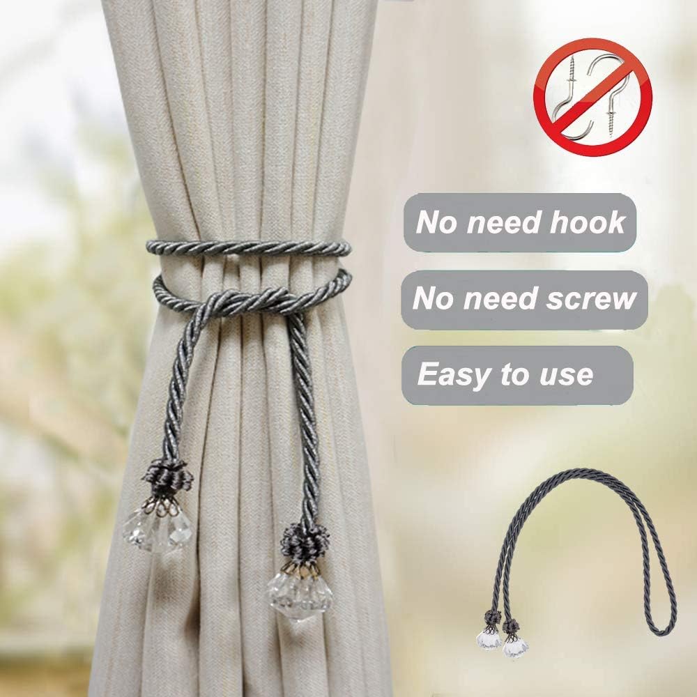 Curtain Tiebacks Rope with Crystal 2pcs Handmade Holdbacks for Window Sheer Drapes