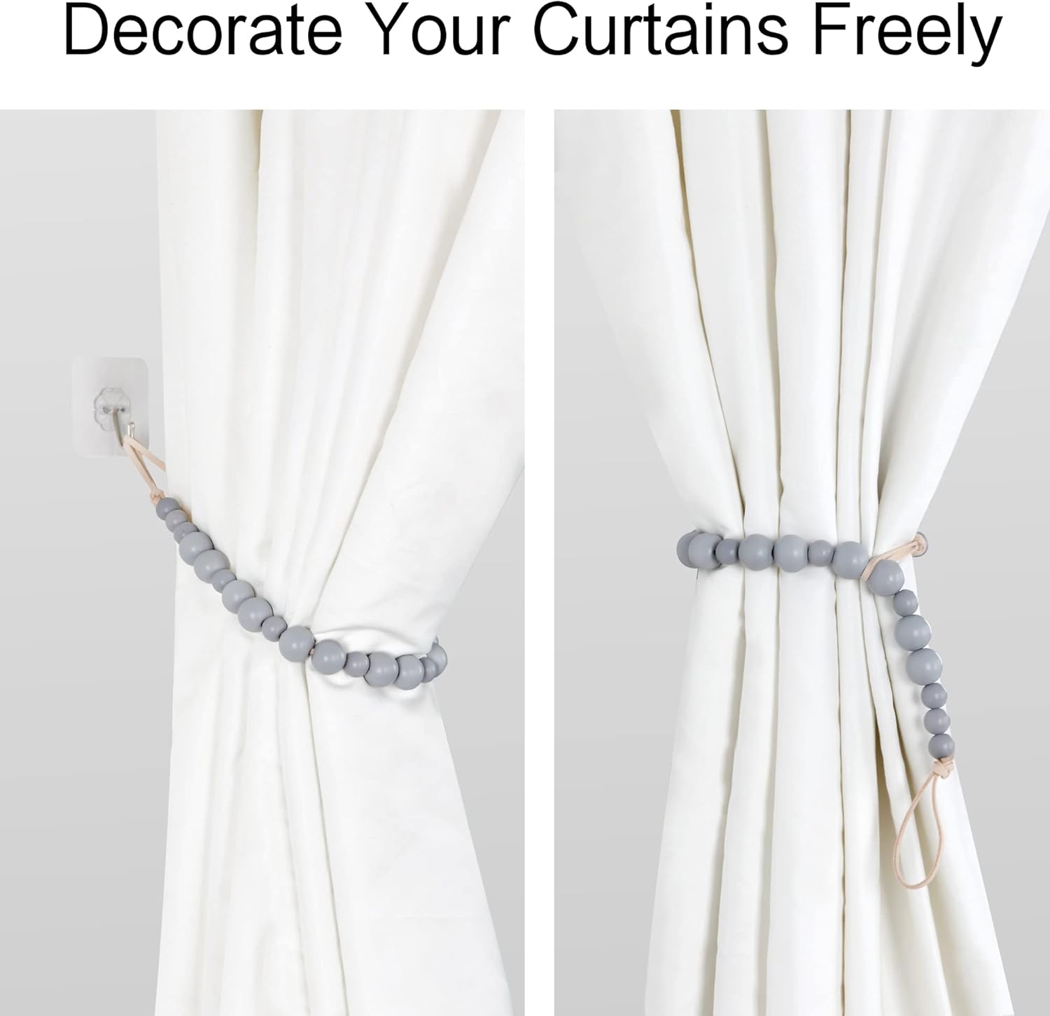 OCIOLI 2 Piece Wooden Bead Curtain Tiebacks with Hooks