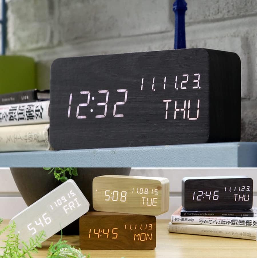 Wooden Digital Alarm Clock with Nightlight and Temperature Display