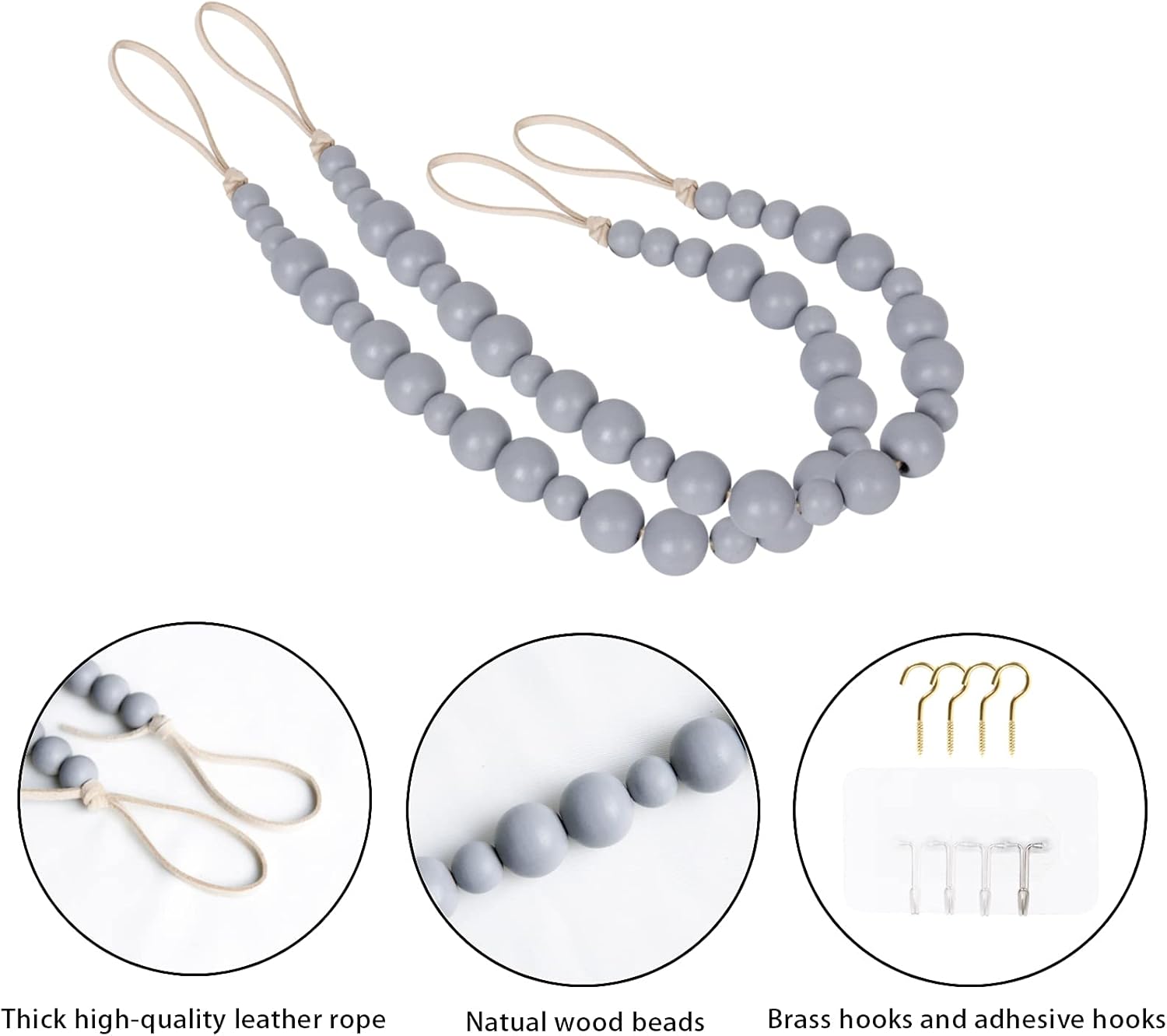 OCIOLI 2 Piece Wooden Bead Curtain Tiebacks with Hooks