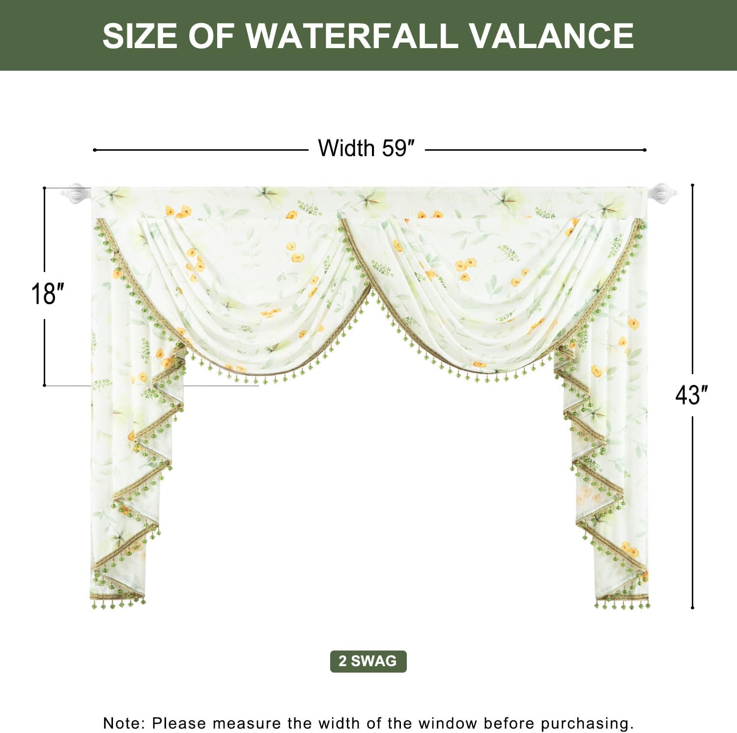Leeva Luxury Sheer Valance Curtains with Bead Tassels and Plants Print Design