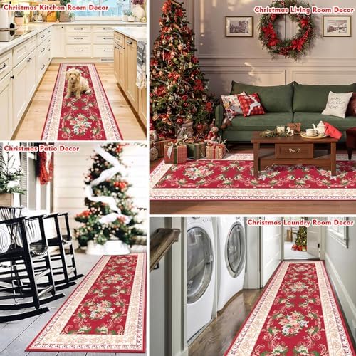 Red Floral Long Runner Rug for Hallway and Entryway