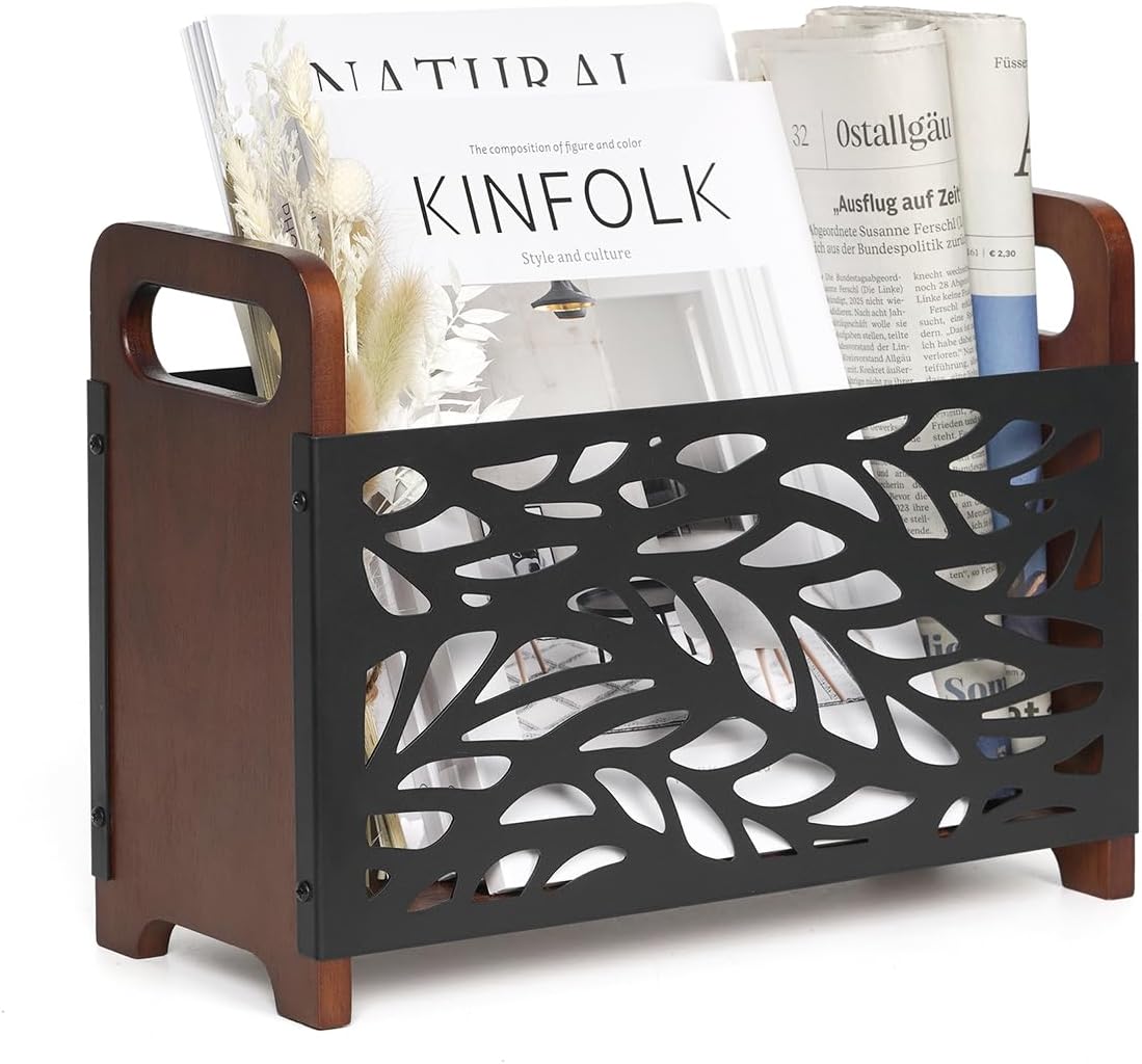 Qilichz Magazine Holder with Handles Wood Rack Rustic Design