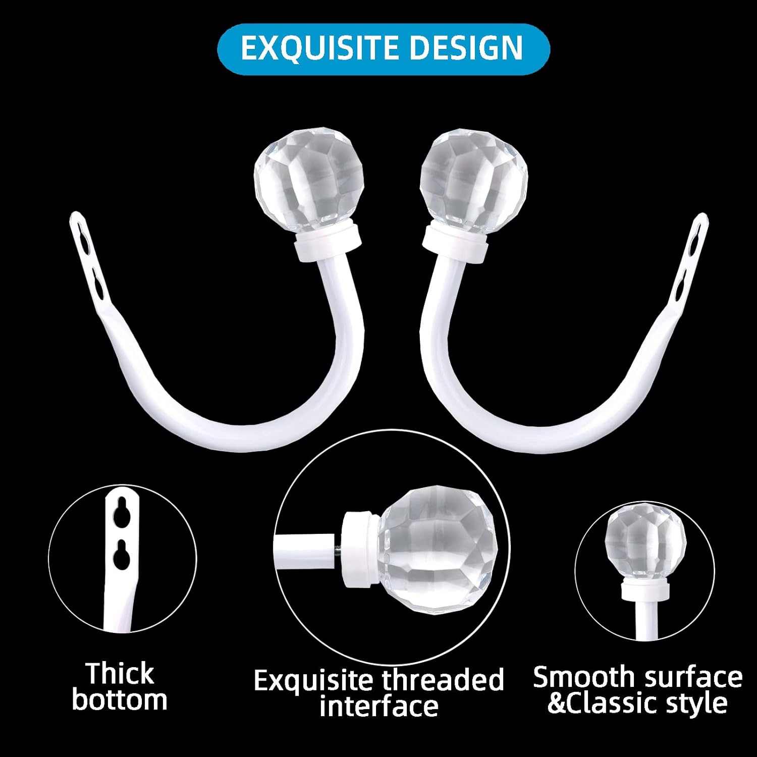 2 Pack Curtain Holdbacks with Clear Crystal Ball and Metal Hooks