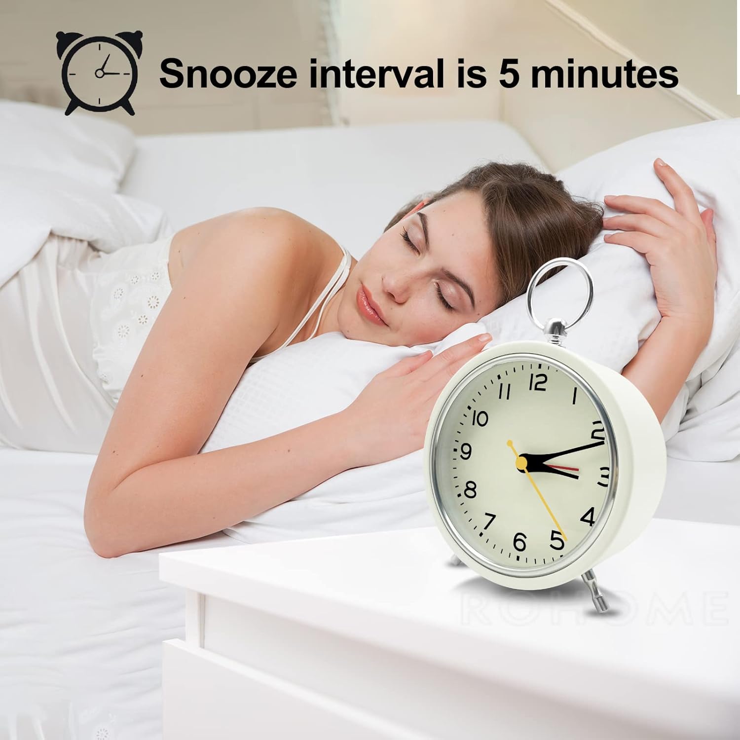 Rohome Small Alarm Clock with Night Light and Silent Quartz Movement White