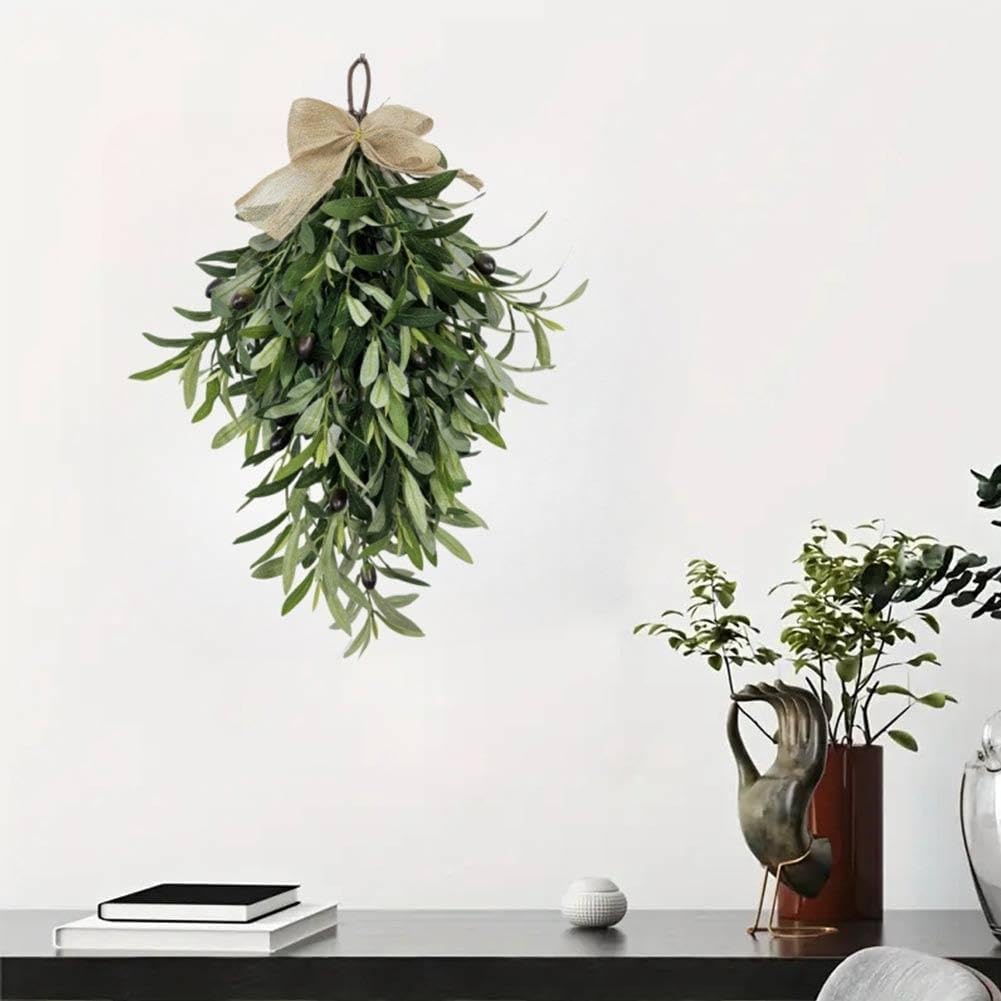 Artificial Olive Teardrop Swag Wreath with Bow