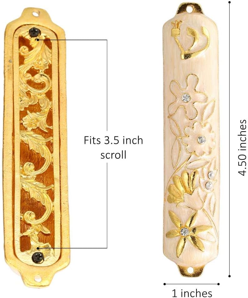 Matashi Hand Painted Mezuzah with Gold Crystals and Floral Design