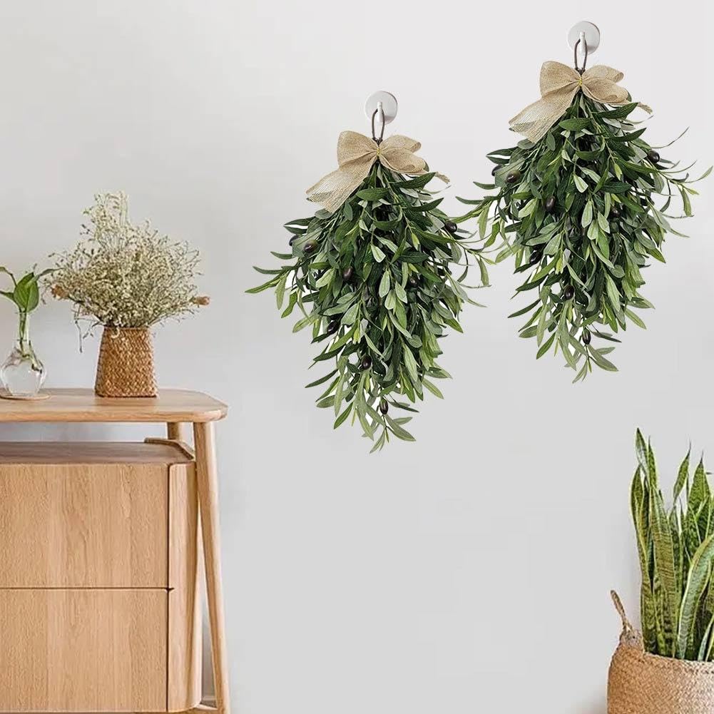 Artificial Olive Teardrop Swag Wreath with Bow