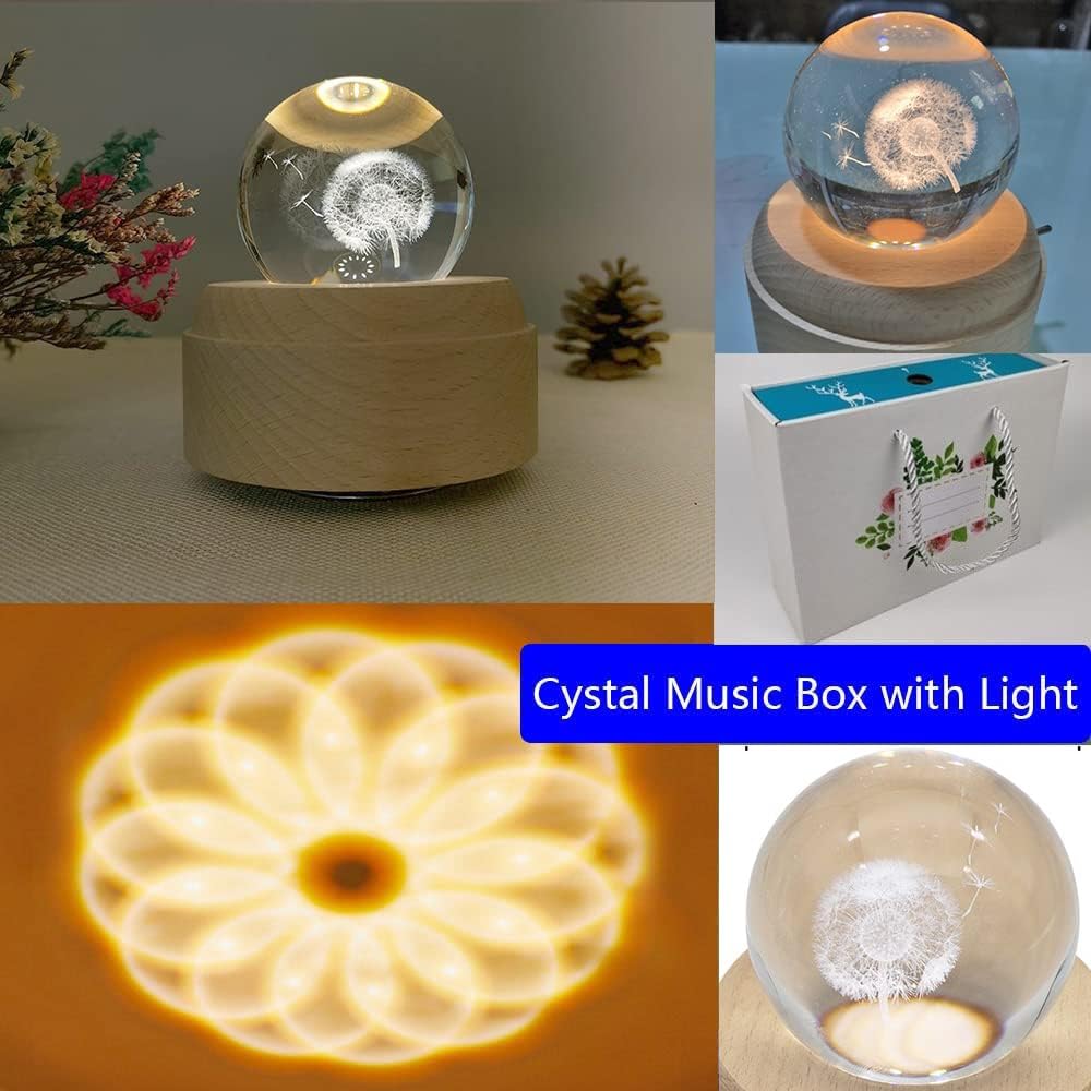 3D Crystal Ball Music Box with LED Light and Wooden Base