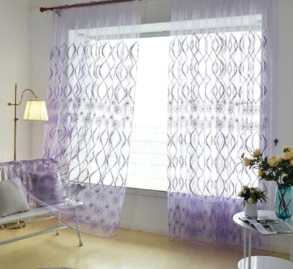 Modern Style Wave Floral Embroidered Voile Curtain Panel