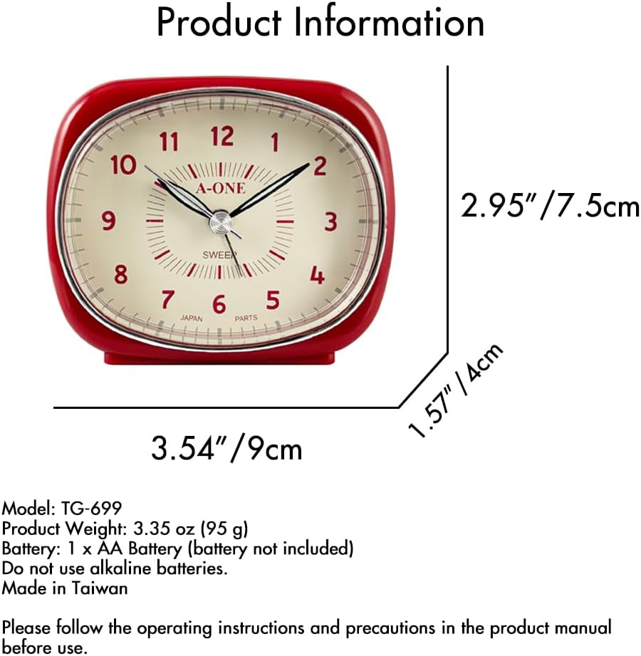 Square-Round Silent Alarm Clock - No Ticking Battery Operated Unique Design Red