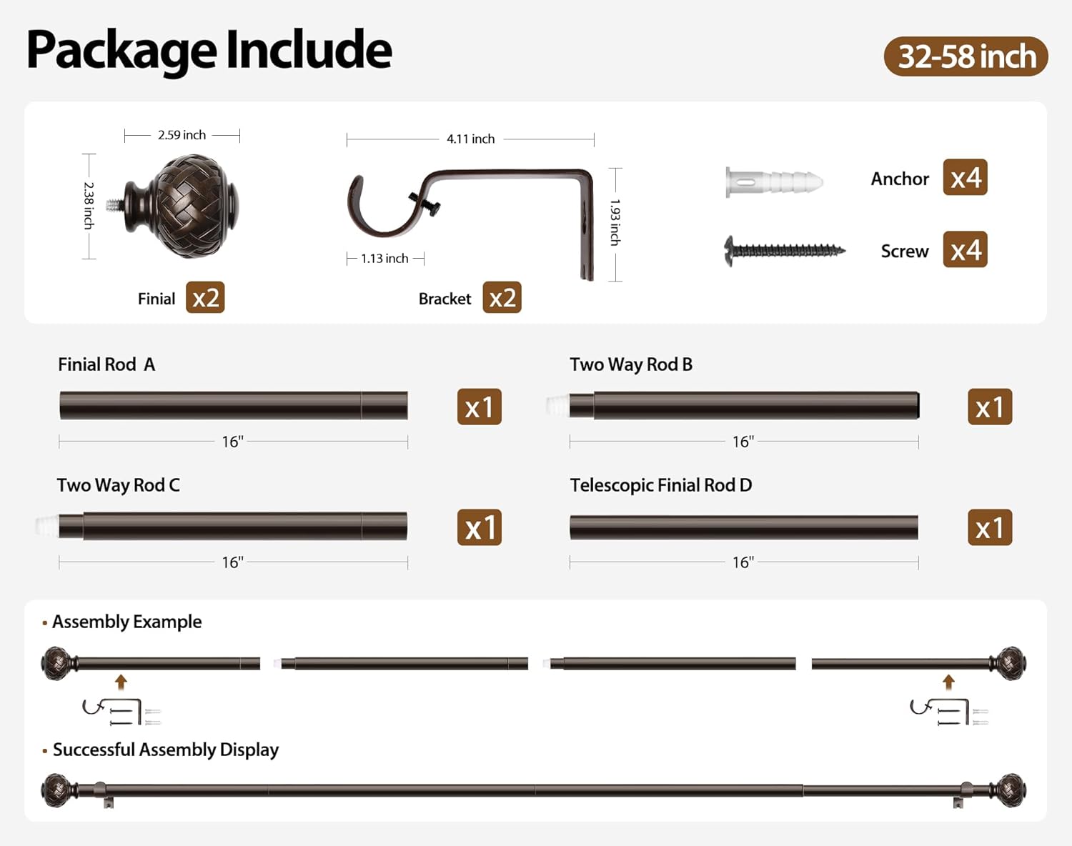 TONIAL Bronze Curtain Rod Adjustable 32-58 Inches