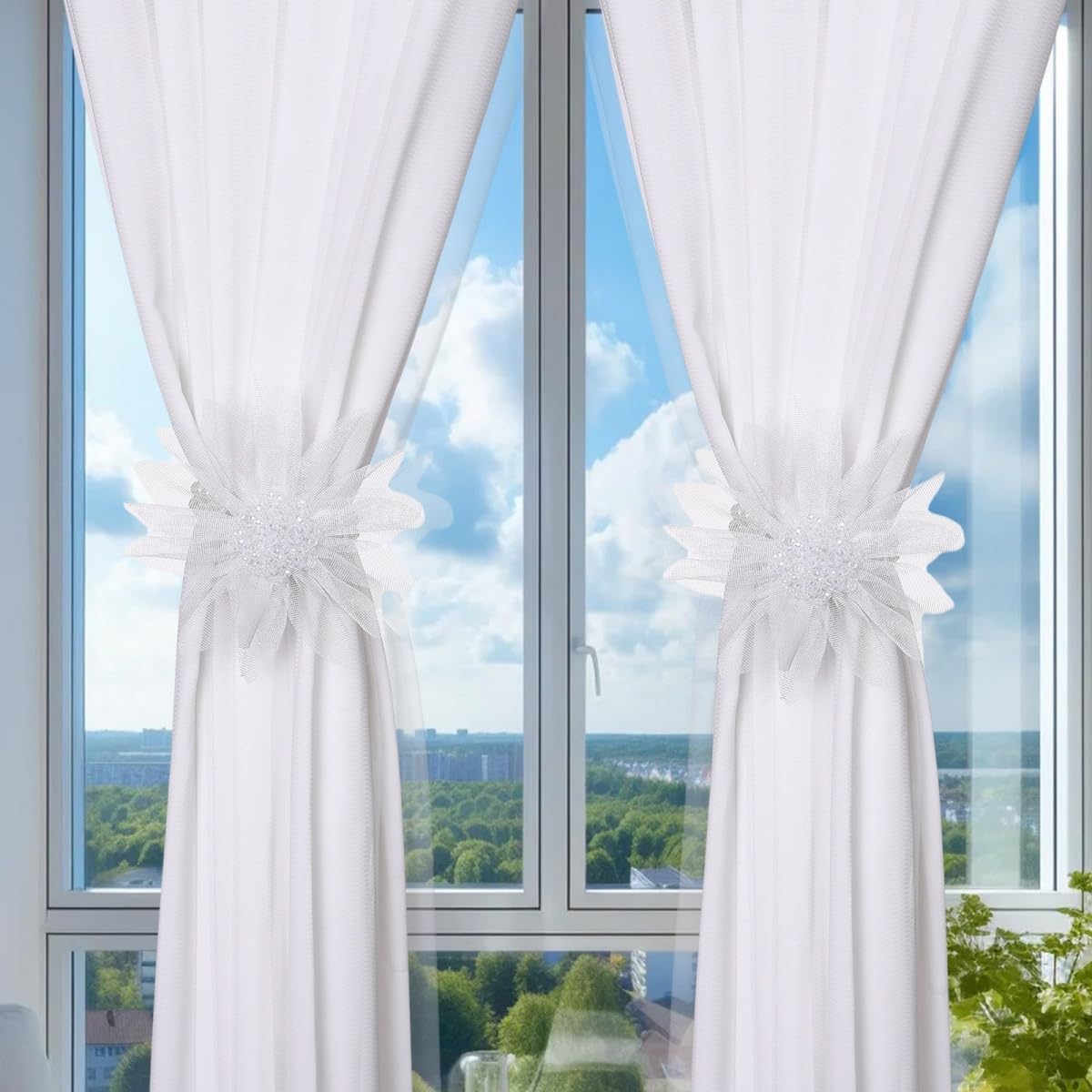 SUQ I OME 2 Pack Crystal Flower Magnetic Curtain Tieback Holdback