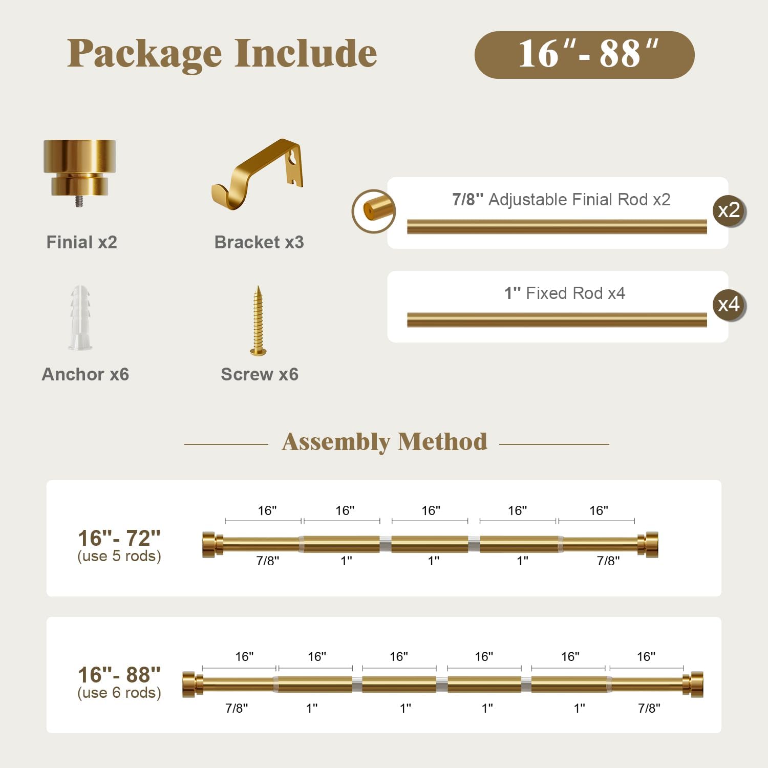 Oneach Heavy Duty Brass Curtain Rods 48-84 Inch Adjustable
