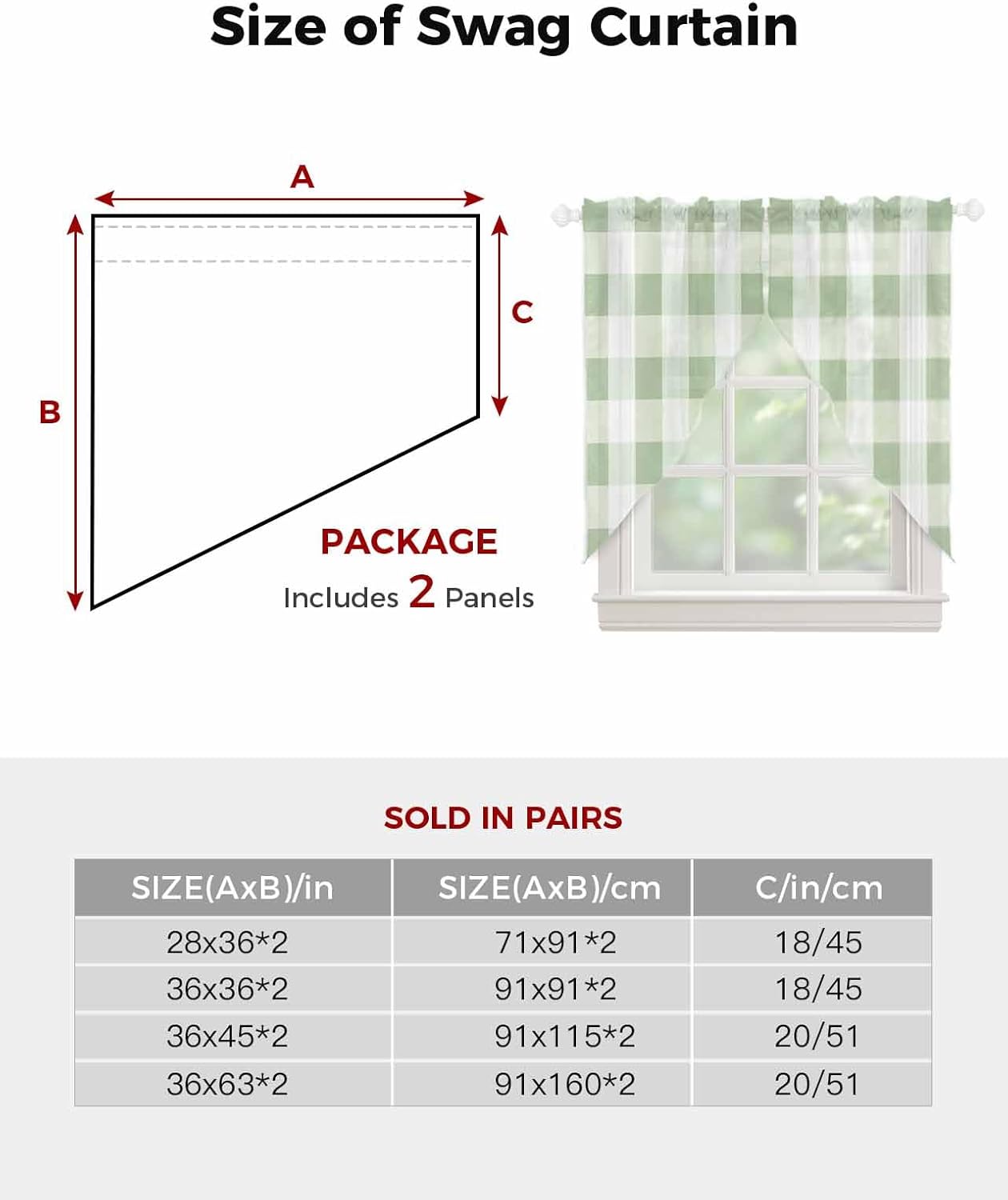 Sage Green Plaid Swag Valance for Small Kitchen Windows