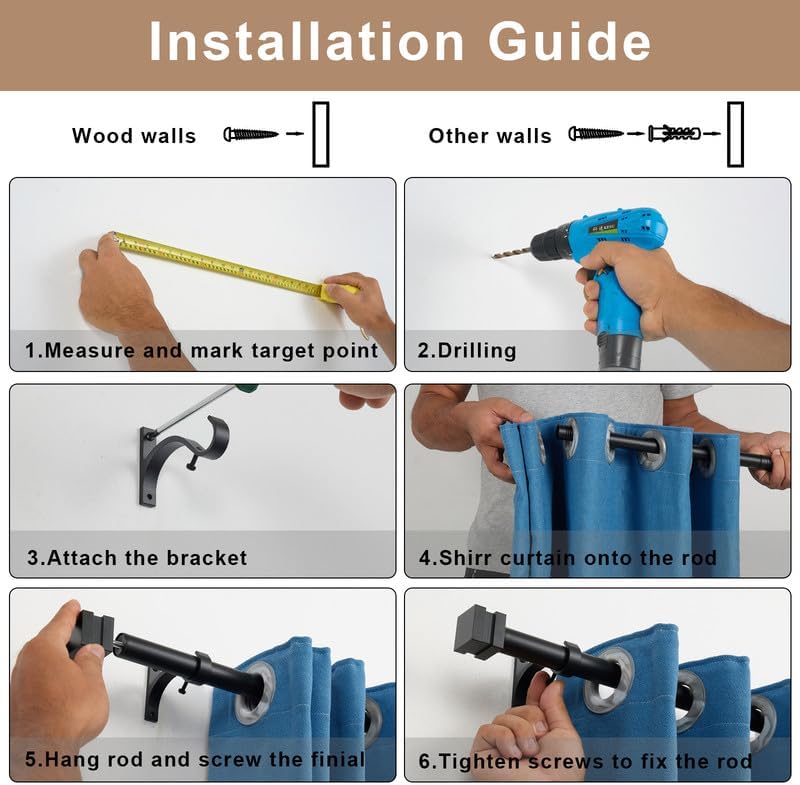 Matte Black Heavy Duty Single Curtain Rod 1 Inch Diameter Adjustable