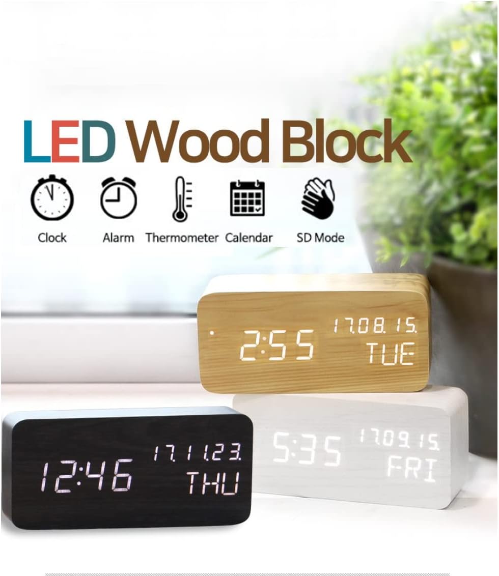 Wooden Digital Alarm Clock with Nightlight and Temperature Display