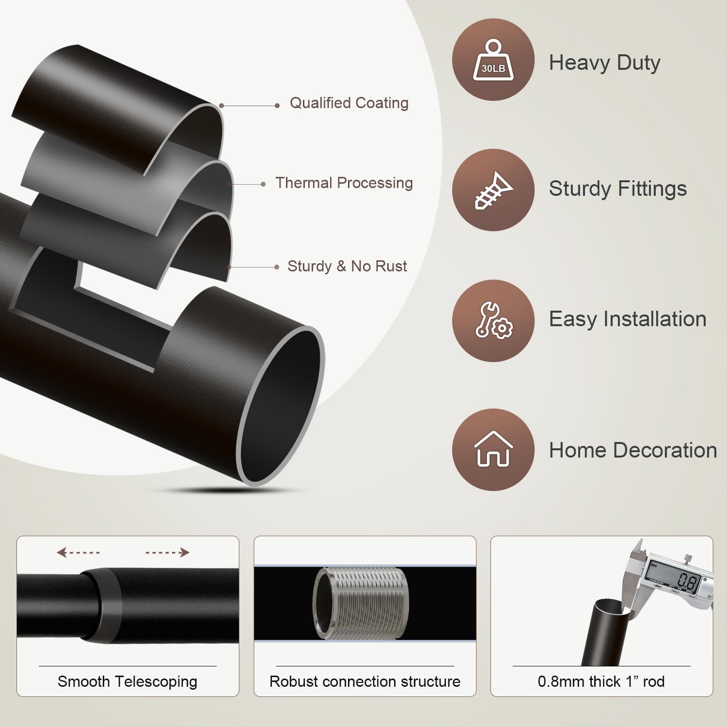 Modern Black Curtain Rods 1 Diameter Adjustable Length Heavy Duty