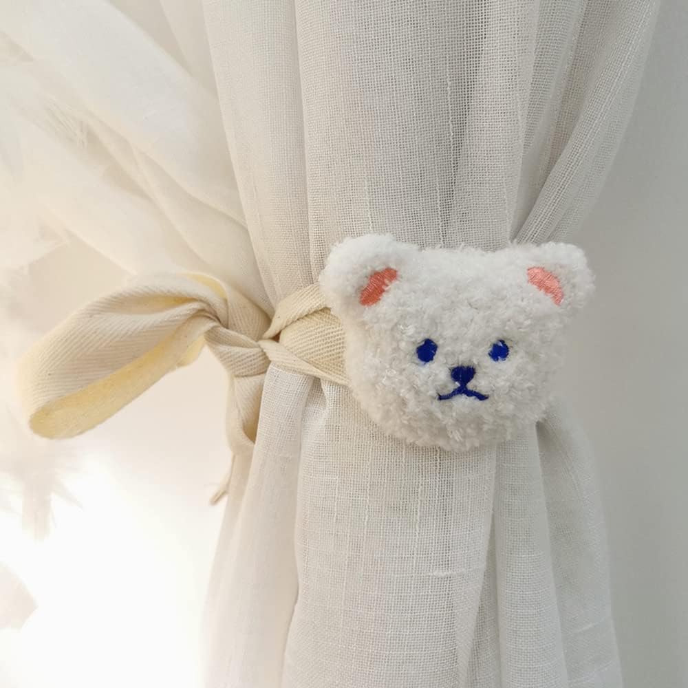 2 Pack Cute Curtain Tiebacks Cartoon Bears Embroidered Bedroom Holdbacks White