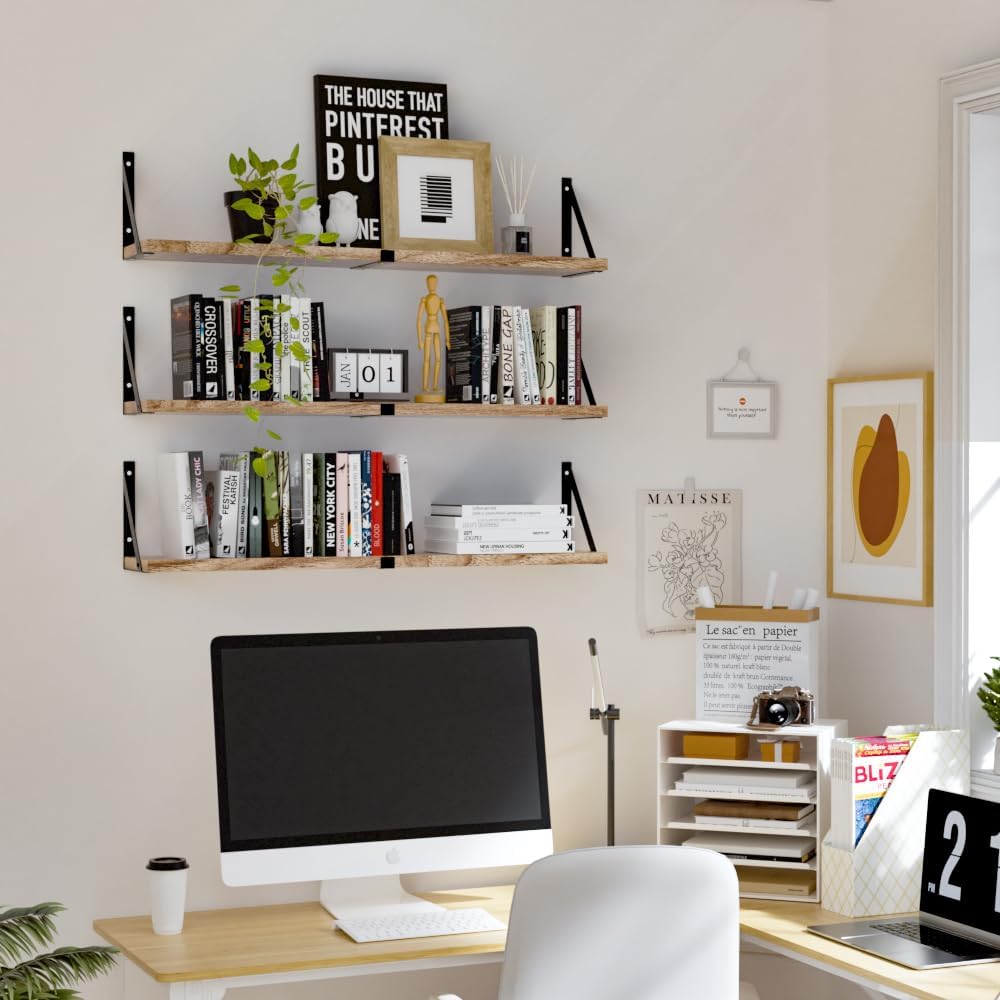 Set of 3 Floating Wood Shelves with Carbonized Black Finish