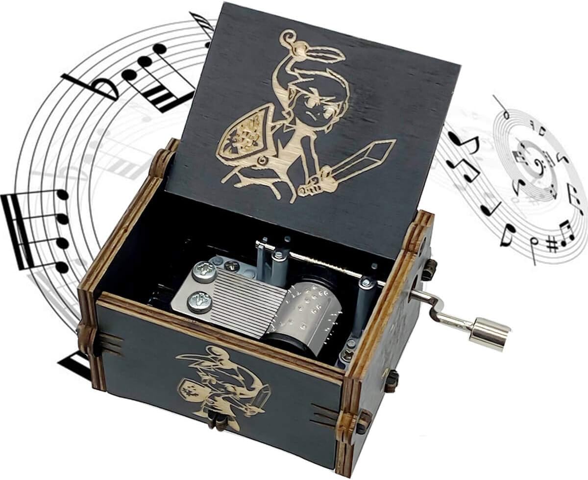 Hand Crank Wooden Music Box with Engraved Design