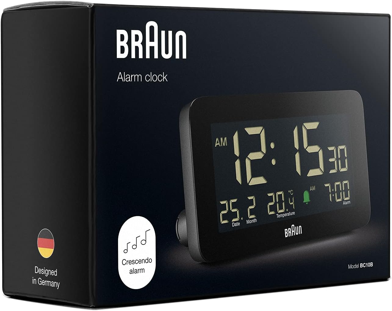Braun Digital Alarm Clock with Date Month and Temperature Display