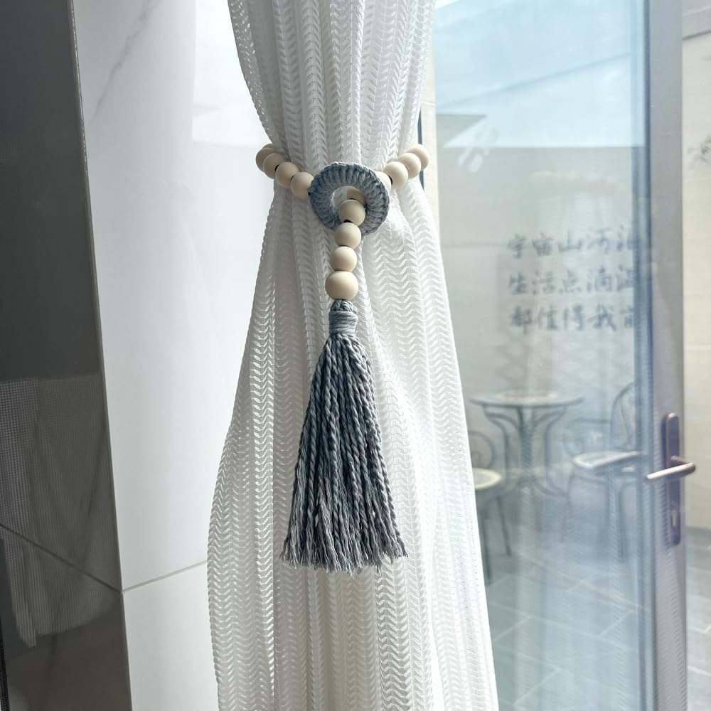 2pcs Wooden Bead Curtain Holders Boho Style Tiebacks with Tassels