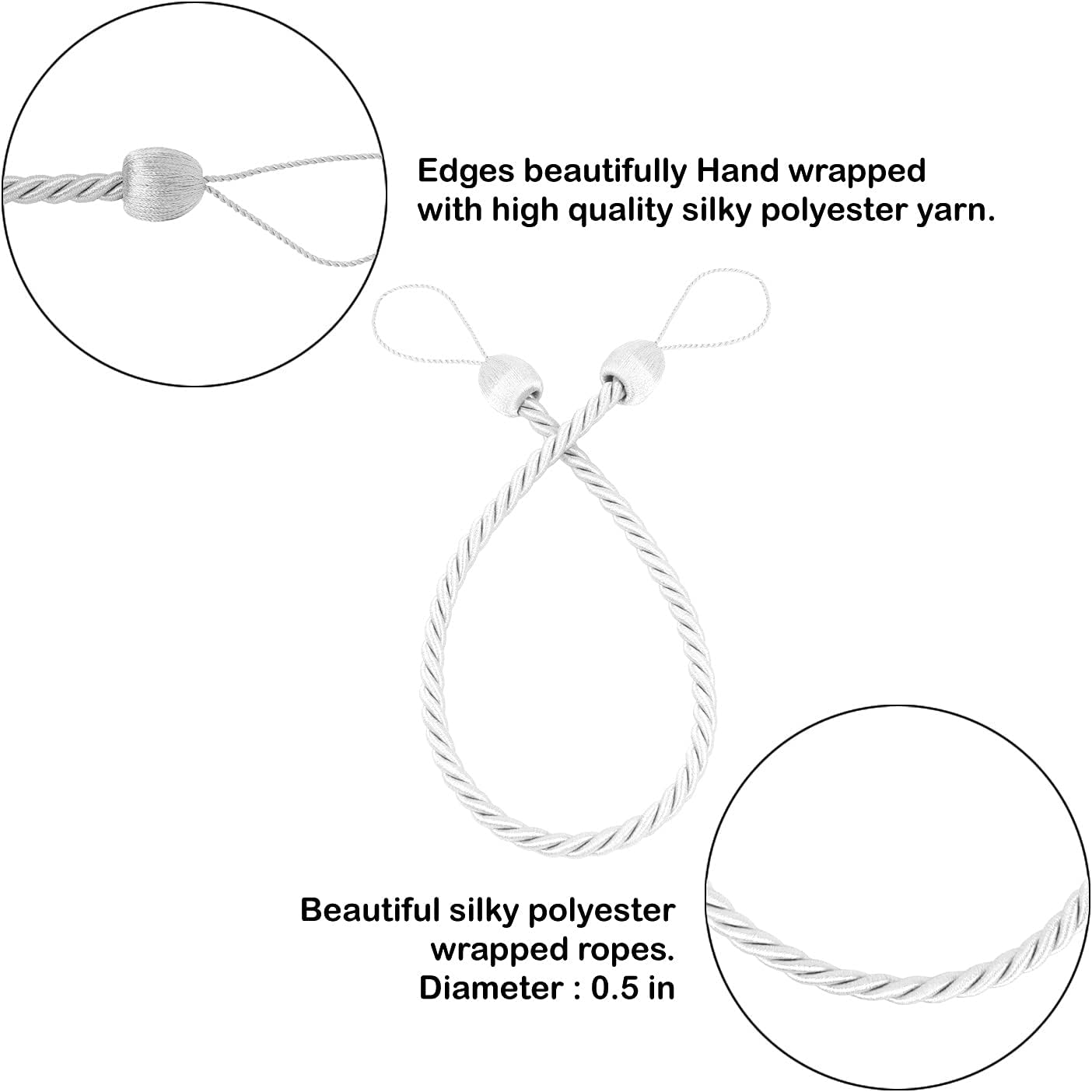 2 Pack Curtain Ropes Tiebacks - White Polyester Holdbacks